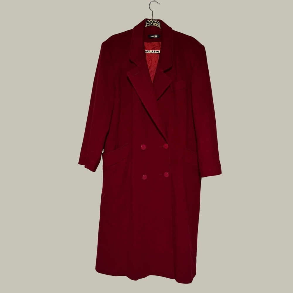 Vintage Braetan Red Wool Coat Double Breasted Long Overcoat Made in USA WPL10971